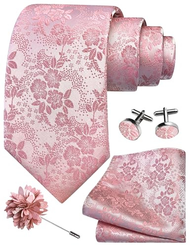 Gusleson Dusty Rose Tie for Men Wedding Silk Floral Necktie Pocket Square Cufflinks and Lapel Pin Brooch Set (UK6107-43)