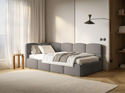 Selsey Jugendbett 90x200 cm Links Polsterbett mit Stauraum Gepolstetes Kopfteil Stabiler Rahmen aus Kiefer und Fichte Hochwertiger Bezug in Grau Für Kinderzimmer
