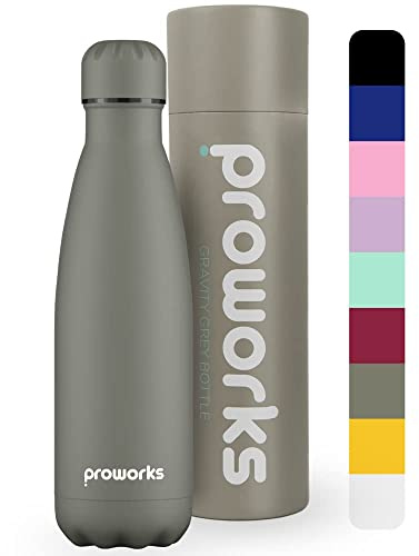 Proworks Performance Stainless Steel Sports Water Bottle | Double Insulated Vacuum Flask for 12 Hours Hot & 24 Hours Cold Drinks - Great for Home, Work, Gym & Travel - 500ml - BPA Free – Slate Grey