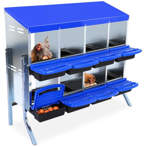 Hühner Legenester 8 Abteile, Metall Rollnestkasten Hühnernest mit Auffangschale & Lüftungsgitter, Hühnerstall Eiersammelboxen mit Standbeine, Stabiler, Korrosionsbeständiger, 107.5 * 52 * 95cm, Blau