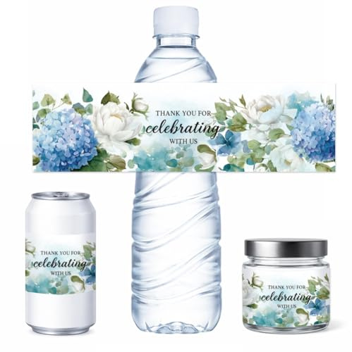 PH PandaHall 100 Sheets Blue Flower Water Bottle Labels 2.52x8.5in Wedding Anniversary Birthday Party Decoration Stickers Personalized Favors for Guests Reception Decorations
