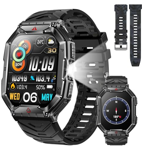 Rmana Military Smart Watch for Men,2.01 HD Screen Fitness Tracker with Flashlight,100+ Sports, Heart Rate/SpO2/Sleep, Compass, Smart Watch Answer/Make Calls(Black & Camouflag)