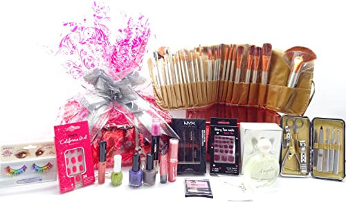 Luxury Beauty Bundle For Women, Make Up Gift Hamper, Professional 24Pcs Kabuki Makeup Brushes, Perfume, Nail Polish, lipstick, Lip Gloss, Mascara, Nails, Manicure Kit, Bundle Hamper