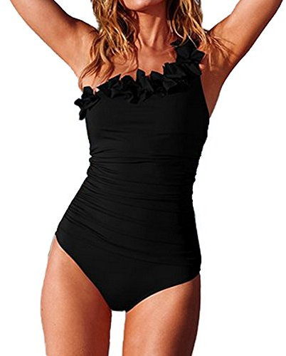 DELEY Donne Sexy Obliquo Fiore Stile Imbottito Costumi da Bagno Bikini Set Monokini Nero Taglia 3XL
