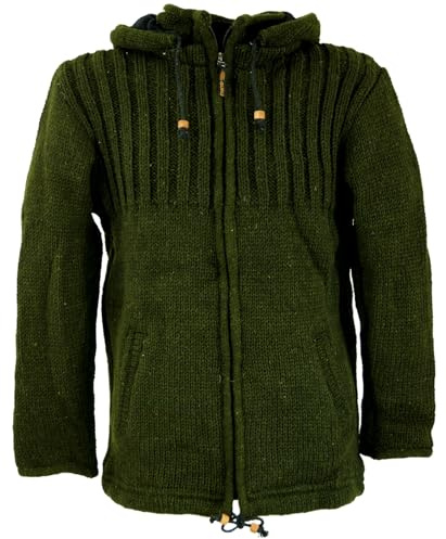 GURU SHOP Kuschelige gefütterte Strickjacke aus Schafwolle, Unisex | Fleece gefüttert, abnehmbare Kapuze, geräumige Taschen, fair gehandelt in Nepal