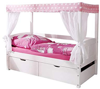 TiCAA Himmelbett Mini mit Bettkasten Stern Rosa Kiefer Weiß
