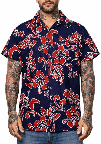 King Kameha Herren Hawaiihemd Kurzarm – Sommer Aloha Shirt mit Hibiskus-Print, leicht und pflegeleicht