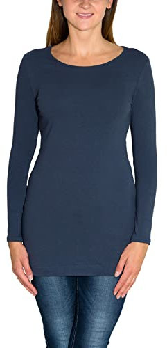 Alkato Damen Langarm Longshirt Langarmshirt Tunika Basic Shirt, Farbe: Jeans, Größe: M