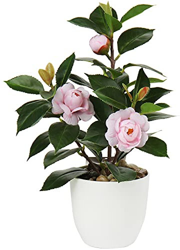 Fleurs Artificielles en Pot Faux Camélia en Pot pour Décoration de Maison Mini Plante Artificielle Intérieure Camélia Artificiel en Pot pour Bureau, Salon, Balcon, Étagère à Livres - Rose