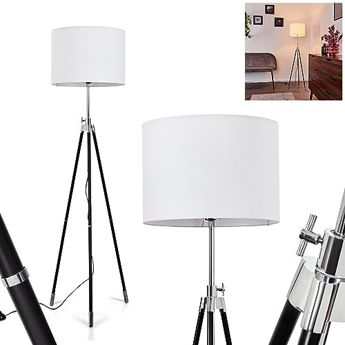 Stehleuchte Honoa, moderne Bodenlampe aus Metall in schwarz-Chrom, 1-flammige runde Standlampe mit Stoffschirm in weiß, 1 x E27, ohne Leuchtmittel