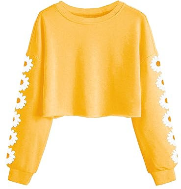Dellytop Kids Crop Tops Girls Long Sleeve Tee Shirts Cute Daisy Pinted Fashion Sweatshirt Pullover Top, Yellow, 7-8 years