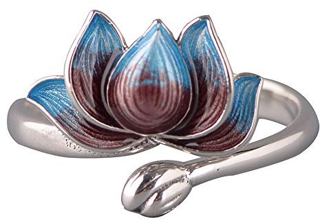 Echt 925 Sterling Silber Emaille Lotus Ring Lotusblume Schmuck für Damen Offen und Verstellbar