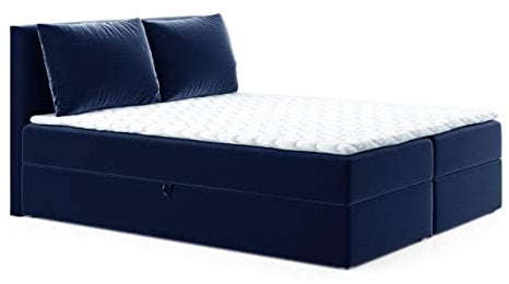 Boxspringbett Egro mit 2 Bettkästen und Zwei große Kissen - Doppelbett mit Bonell-Matratze und Topper, Polsterbett, Bett, Bettgestell Schlafzimmer (Dunkelblau (Kronos 09), 180 x 200 cm)