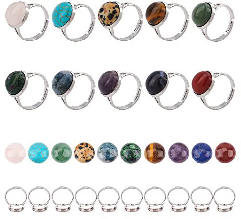 SUNNYCLUE 40 Stück 10-Farbige Edelstein-Cabochon-Fassungen Verstellbarer Ringrohling Mit 12 mm Edelstein-Cabochon-Ringherstellungsset Für DIY-Schmuckherstellung Bastelbedarf