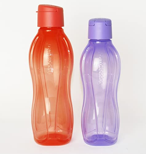 TUPPERWARE EcoEasy Trinkflasche 1L Lachs-Orange Clip + 750ml Lila Clipverschluss + Kugelschreiber metallic