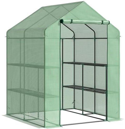 Outsunny Invernadero de Jardín Tipo Caseta Vivero Casero de Acero con 2 Niveles 4 Estantes y Puerta Enrollable para Cultivos Plantas Macetas Flores 143x138x190 cm Verde