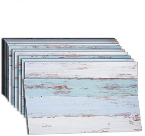 Ancoree 0.9mm Thick Blue and Turquoise Wood Wall Sticker, Brick Tile Transfers Sticker for Sofa Background Kitchen Bathroom, Peel & Stick Self-Adhesive Splashback Tile Decals (VB005,12pcs)