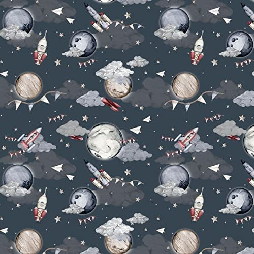 Pingianer 8,98€/m Planet Weltraum Mond 100% Baumwolle 50x160cm Baumwollstoff Meterware Handwerken Nähen Stoff (Planet Rakete Wimpel)