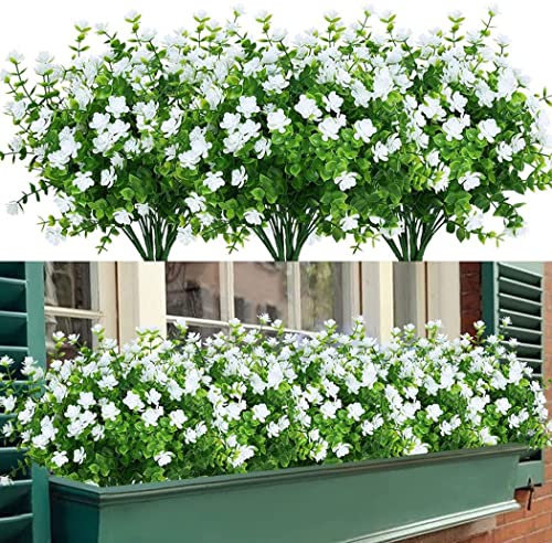 SOMYTING 8 Pezzi Fiori Finti Artificiali Arbusti Piante Fiori Artificiali Resistenti ai Raggi UV Arbusti Verdi Artificiali Decorazione per Giardino Finestra Decorazione per Matrimoni Feste (Bianco)