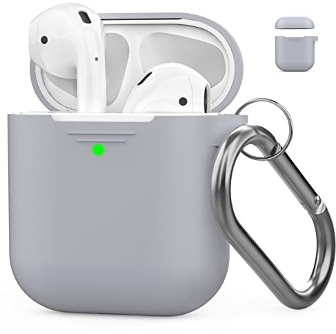 AHASTYLE AirPods Hülle Silikon AirPods Case [Front-LED Sichtbar] Kompatibel mit Apple AirPods 2 & 1 (2019) (Mit Karabiner, Grau)