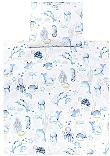 TupTam Unisex Baby Wiegenset 4-teilig Bettwäsche-Set: Bettdecke und Kopfkissen mit Bezug, Farbe: Meerestiere Blau, Größe: 80x80 cm