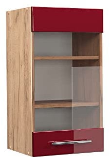 Vicco Armario de Cocina con Vidrio Fame-Line, Rojo Burdeos Alto Brillo/Roble Dorado, 40 cm
