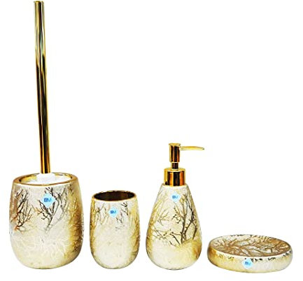 BM 6195 Set di Accessori da Bagno in Ceramica, Superficie Strutturato di Colore Oro Dorato Gold, Set Accessori Bagno Completo 4 Pezzi, Dispenser, Portaspazzolino, Portasaponetta, Portascopino