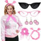 Beamely Ensemble de déguisement rose pour femme, veste des années 1950 pour femme, tenue de graisse avec accessoires rétro, écharpe, lunettes, boucles d'oreilles, costume d'Halloween, XL