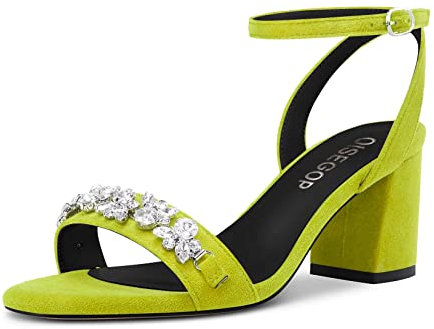 OISEGOP Chunky Ancho Medio Heel Abierta Punta Sandalias Correa Tobillo Diamante Cristal Casual Dress Zapatos Verde Lima 41 EU