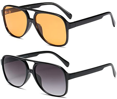 YUELUQU Polarisierte Sonnenbrille Damen Herren Retro 70er Jahre Vintage Eckig Kunststoff Trendy Damen Herren Sonnenbrillen (S-gelb+S-grau)