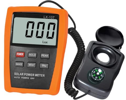 Solar Leistung Meter, Digital Solar Leistung Meter Solar Pyranometer, 2000 W/m²(634 BTU) Solar Strahlungsmesser Sonnenlichtmessgerät Luxmeter UV-Messgerät Sonnenlicht-Energietester Mit Kompassfunktion