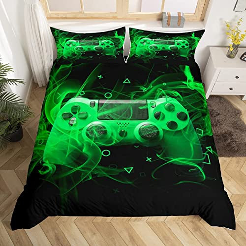 Bettwäsche 200x220 Gamepad Bettbezug 3pcs, Microfaser Atmungsaktive Bettwäsche-Set für Allergiker, mit Reißverschluss und 2 Kissenbezug 80x80, Abstrakter Grüner Rauch-Gamecontroller,110g/m²