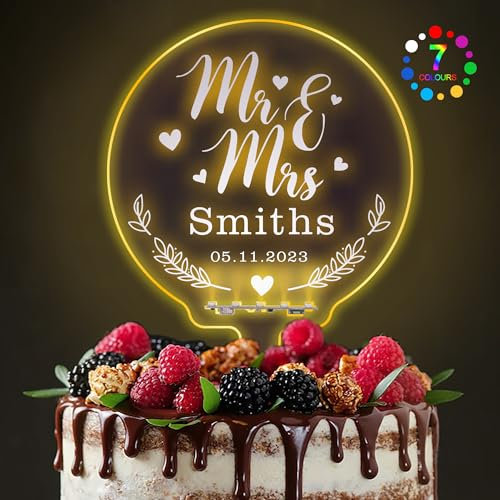 LED Personalised Wedding Cake Toppers 7 Colour Changes Light Up Cake Topper Wedding Bride and Groom Anniversary Cake Toppers MR & MRS Wedding Cake Decorations with Any Name(Design 1)