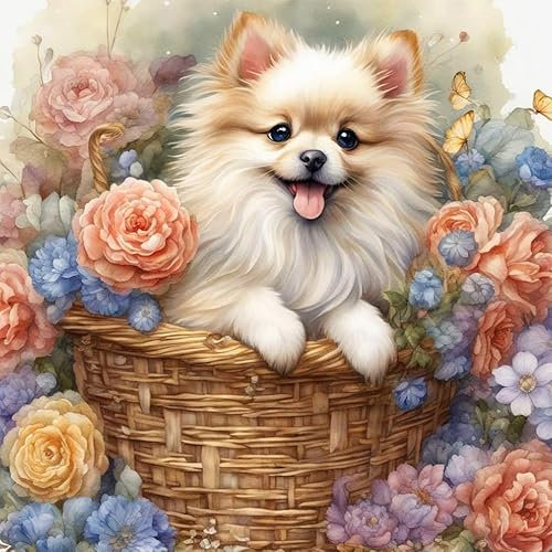 Stalente Diamond Painting Erwachsene Set Hund, 5D Diamond painting Tiere, Rund Full Drill Diamond Painting for Home Wall Decoration Gift 30x30cm/12x12in, Blume