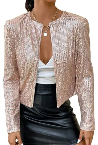 Tomwell Femmes Mode Col Montant Paillettes Manteau Court Casual Manches Longues Manteau Slim Fit Veste De Costume Couleur Unie Jacket Cardigan Clubwear A Rose Clair XL