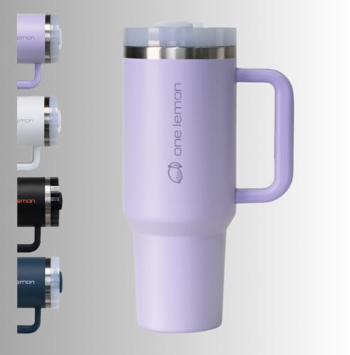 one lemon® Thermobecher 1,2 l Edelstahl Trinkbecher mit Deckel und Strohhalm | Auslaufsicher mit Bürste, Seal-Kit und Ersatzhalm | BPA Frei, vakuumisoliert, für Reisen, Sport | langlebig (Lavendel)