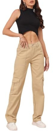 THWEI Cargo Pants for Women High Waisted Casual Pants Y2K Streetwear with 6 Pockets Khaki L