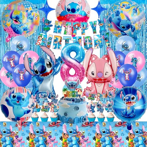 Geburtstagsdeko 8 Jahre für Mädchen, 39 Stück Cartoon Deko Geburtstag mit Großem Glitzervorhang, Spaßige Party Deko mit 3D Folienballon, Tischdecke, Tortendeko, Girlande für Kindergeburtstag