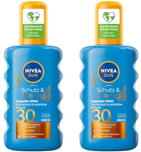 NIVEA SUN Schutz & Bräune Sonnenspray LSF 30 (200 ml), Sonnencreme mit Pro-Melanin-Extrakt für eine ebenmäßige Bräune, sofortiger Sonnenschutz mit UVA/UVB-Filtersystem (Packung mit 2)