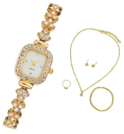 Mr. Gadget's Solutions Juego de 5 piezas de aleación de cuarzo para mujer, collar, aretes, pulsera, anillo, accesorios (dorado), Acero inoxidable