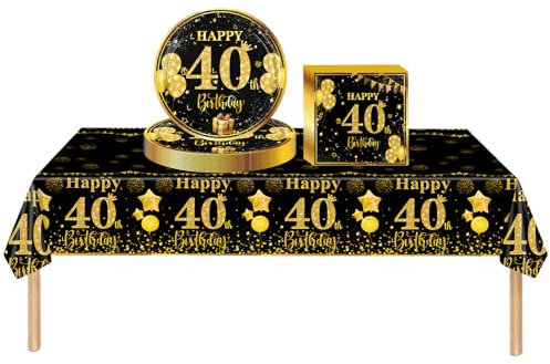 37pcs Black Gold 40th Birthday Decorations - Tablecloth, Paper Plates, Napkins for Adults' 40th Birthday Gifts