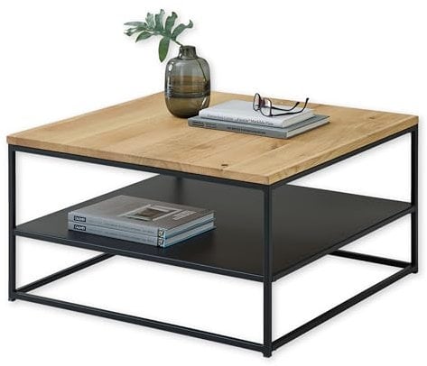 Stella Trading Tilda Couchtisch Massivholz Eiche - Moderner Sofatisch mit Ablageboden und Metallgestell - 75 x 40 x 75 cm (B/H/T)