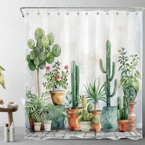 LB Sukkulente Pflanze Duschvorhang 180x180cm Grüner Kaktus auf dem Bauernhof Antischimmel Wasserdicht Badezimmer Vorhänge, Garten Botanisch Polyester Stoff Bad Vorhang mit Haken