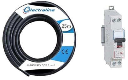 Electraline 20218288D Couronne U-1000 R2V 3x2,5mm², 25 mètres, Noir & LEGRAND - Disjoncteur Phase + Neutre 230V DNX³ - Pouvoir de Coupure 3000A - 16A Courbe C