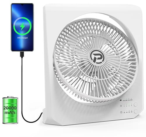 PANERGY Battery Operated Table Box Fan, 4 Speeds with Timer, 20000mAh Rechargeable, Runs 60Hrs, Tiltable Desk Fan (White, 8inch)