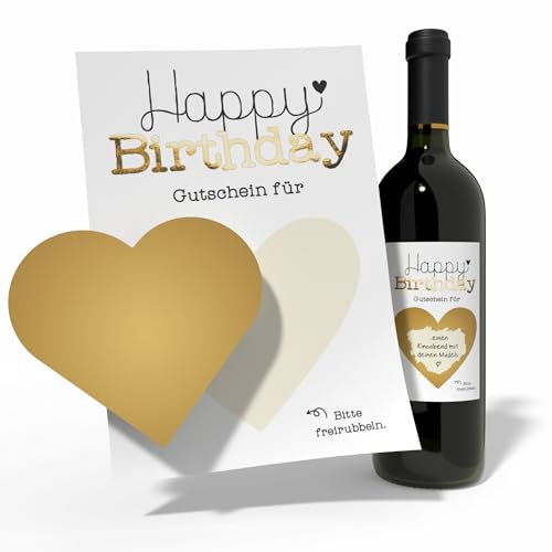 Creatastic - Gutschein Geburtstag Flaschenetikett mit Rubbelaufkleber und Graupappe für personalisierte Geschenke, Happy Birthday Geburtstagskarte für Mann und Frau, selbstklebend mit Goldlack