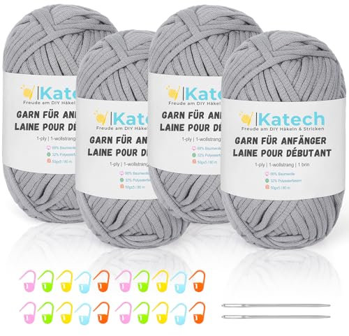 Katech Häkelgarn für Anfänger, 1-Wollstrang Kein Geteiltes Wolle zum Häkeln von Tier Untersetzer, Häkel- & Strickgarn, Dicke Wolle zum Stricken, 4 * 50g Dickes Garn Baumwolle zum Häkeln, Helles Grau