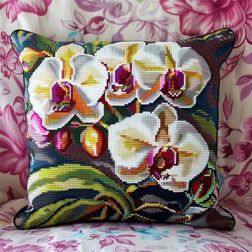 Lfynior DIY Kreuzstichkissen Orchidee Stickkissen mit Muster 45X45cm Stickpackung Stickset Kreuzstich Kissen zum Basteln Stickkissen Stickpackung mit Vorgedruckt Kreuzstichmotiv
