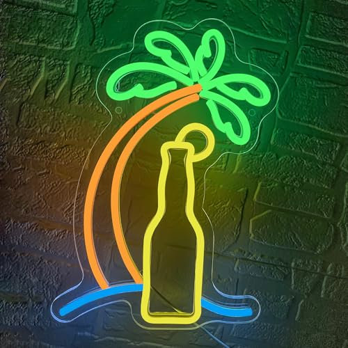 SHENEON Neon Beer Sign for Wall Decor Beer Neon Lights for Bar Neon Lights for Club Beach Party Man Cave Coconut Tree Sign Led Neon Bar Lights for Home Pub Size 13.6 * 9.4in (XD335)