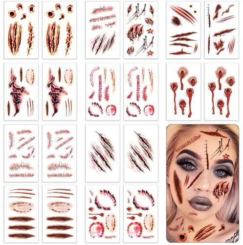 GWAWG Halloween Face Tattoo, 20 Sheets Scar Tattoos - Zombie & Blood Tattoos for Adult Cosplay Party Makeup